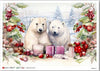 Poster with two polar bears surrounded by berries and leaves on a white background