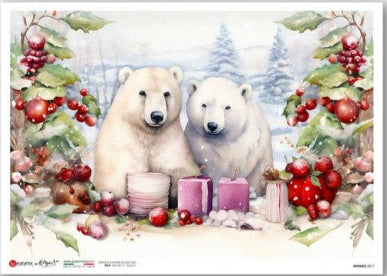 Poster with two polar bears surrounded by berries and leaves on a white background