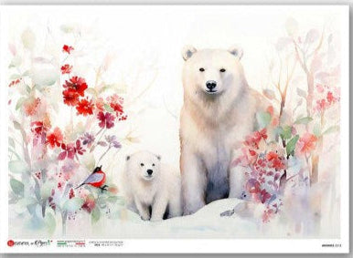 Poster with two polar bears and floral elements on a white background