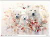 Poster with illustration of three polar bears among autumn leaves on a light background