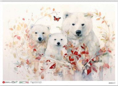 Poster with illustration of three polar bears among autumn leaves on a light background
