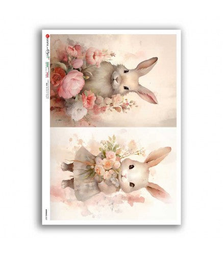 Paper Designs TWO FLORAL Bunnies A4 Decoupage Rice Paper #ANIMALS 0227