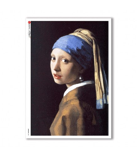 Classical painting with a young girl wearing a blue headband and pearl earring.