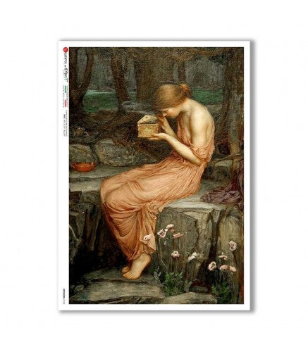 Artistic depiction of a woman in a flowing dress sitting by a stream, holding a box.