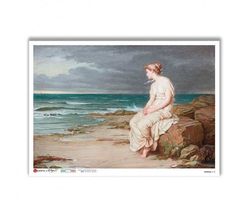 Artwork of a woman in a white dress leaning against a tree with a waterfall in the background.