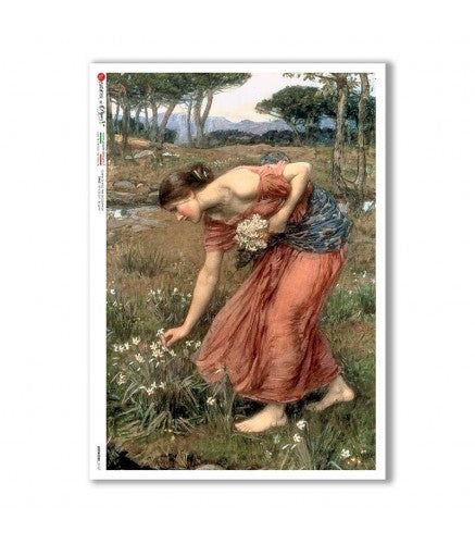 Framed artwork of a woman in a red dress picking flowers in a field.