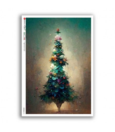 Painting of a decorated Christmas tree with lights against a gradient background