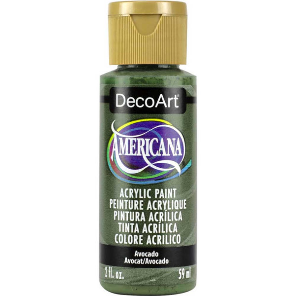 Bottle of DecoArt Americana acrylic paint in avocado color on a white background