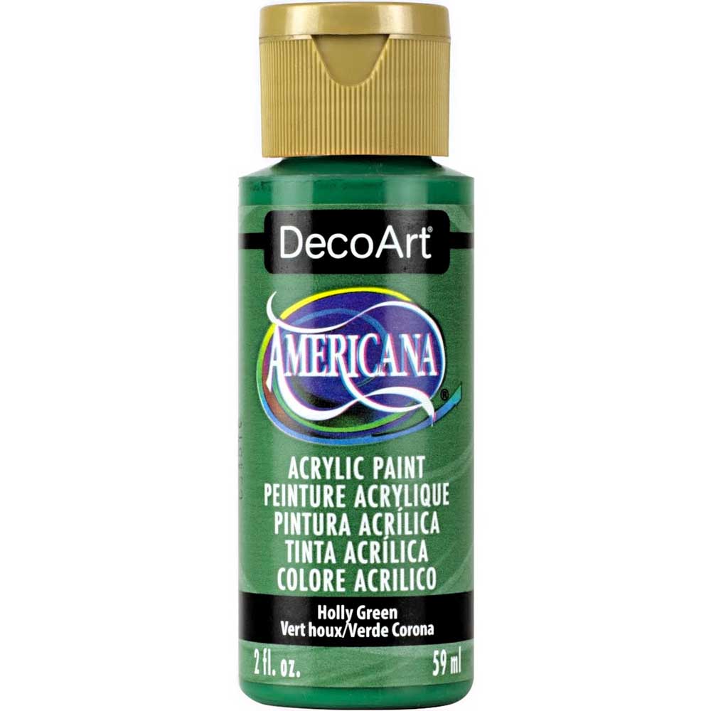 Bottle of DecoArt Americana acrylic paint in Holly Green on a white background