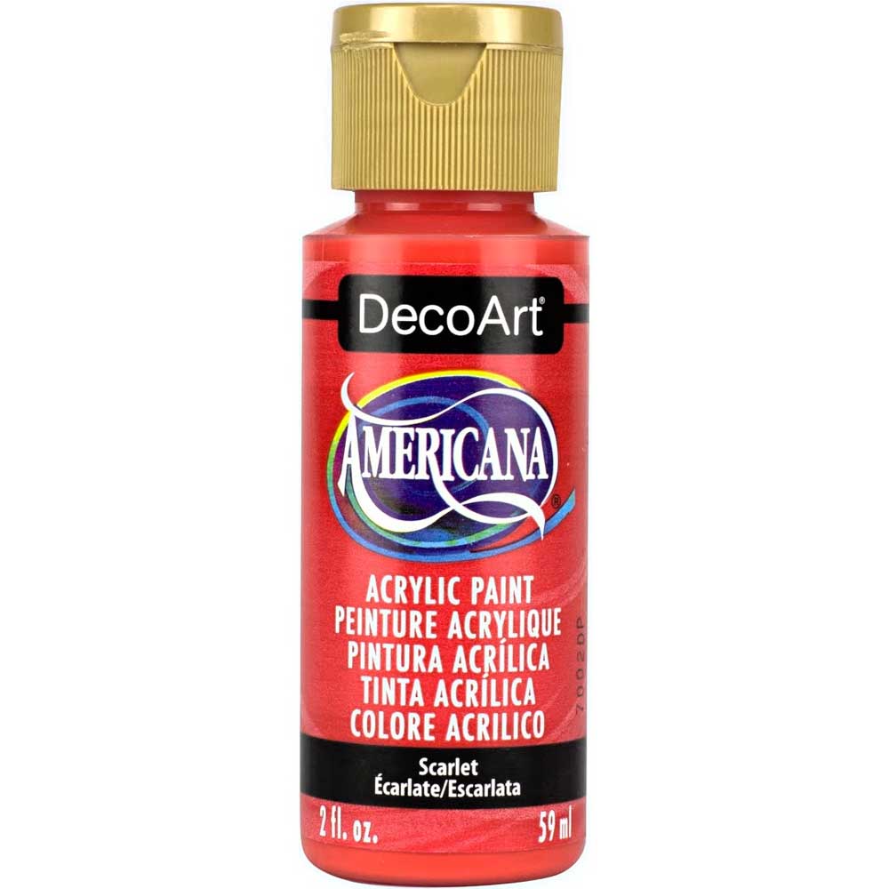 Bottle of DecoArt Americana acrylic paint in Scarlet color on a white background