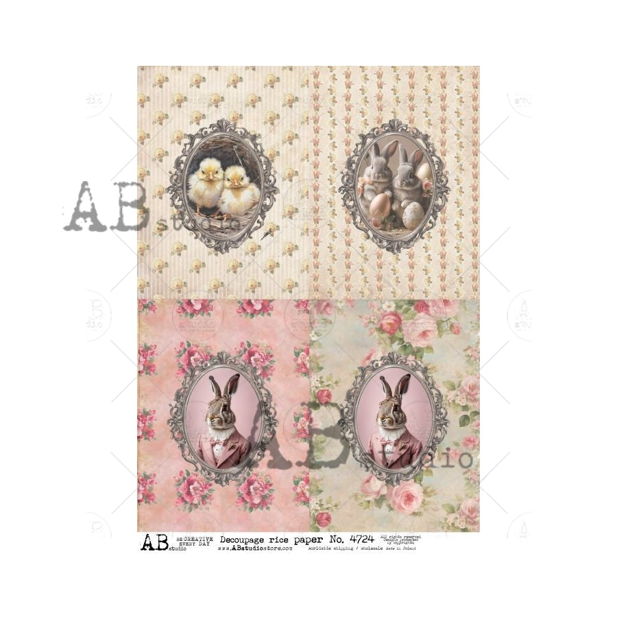 AB Studios Shabby Chic FRAMED EASTER Four Pack A4 Decoupage Rice Paper #4724