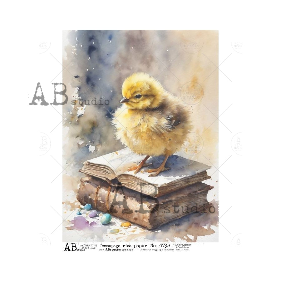 AB Studios YELLOW EASTER Chick on a Book Stack A4 Decoupage Rice Paper #4738