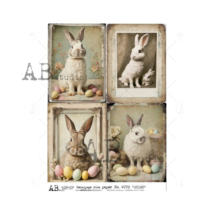 AB Studios FRAMED BUNNIES with Eggs Four Pack A4 Decoupage Rice Paper #4778