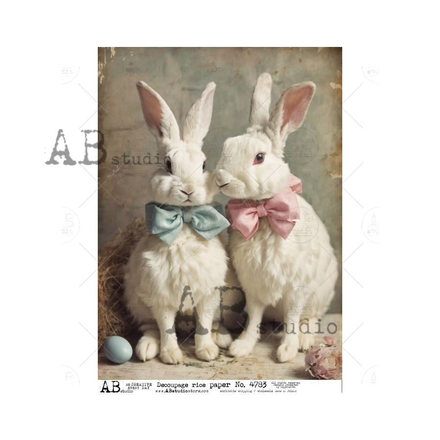 AB Studios WHITE BOY and Girl Bunny A4 Decoupage Rice Paper #4783