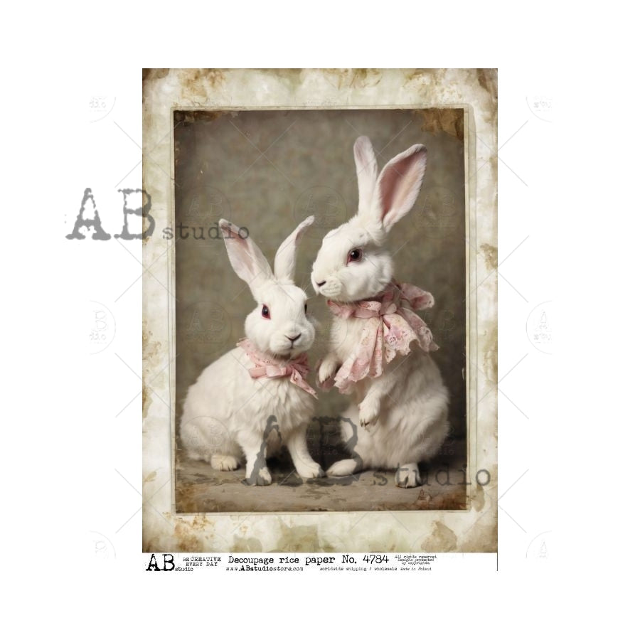 AB Studios WHITE PAIR of Bunnies with Pink Bows A4 Decoupage Rice Paper #4784