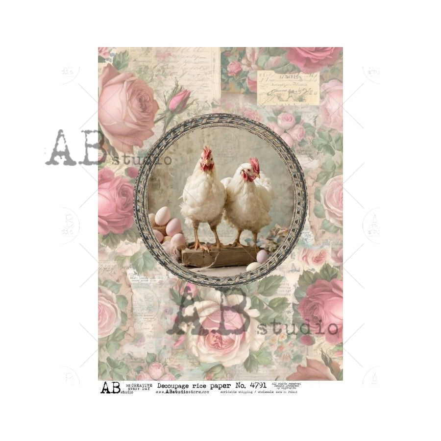 AB Studios Shabby Chic EASTER HENS A4 Decoupage Rice Paper #4791