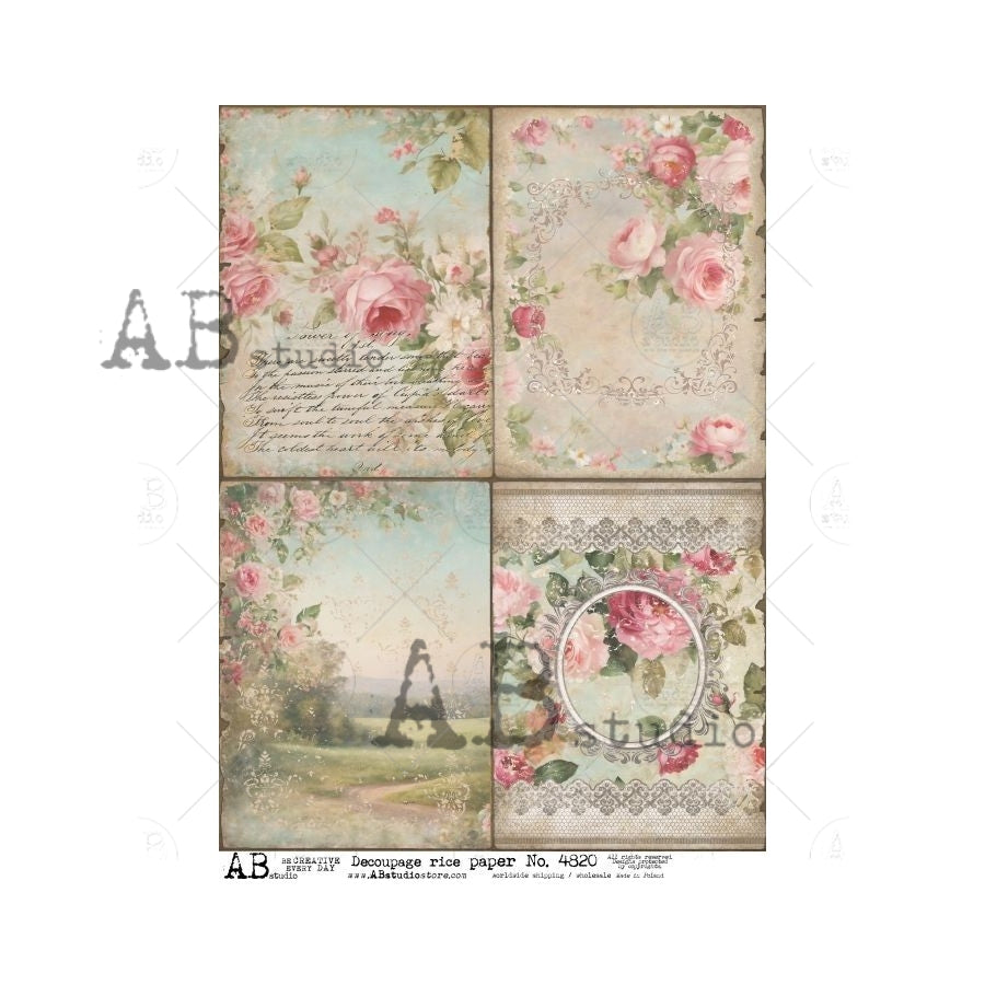 AB Studios Four Shabby Chic EASTER SPRING Roses Scenes A4 Decoupage Rice Paper #4820