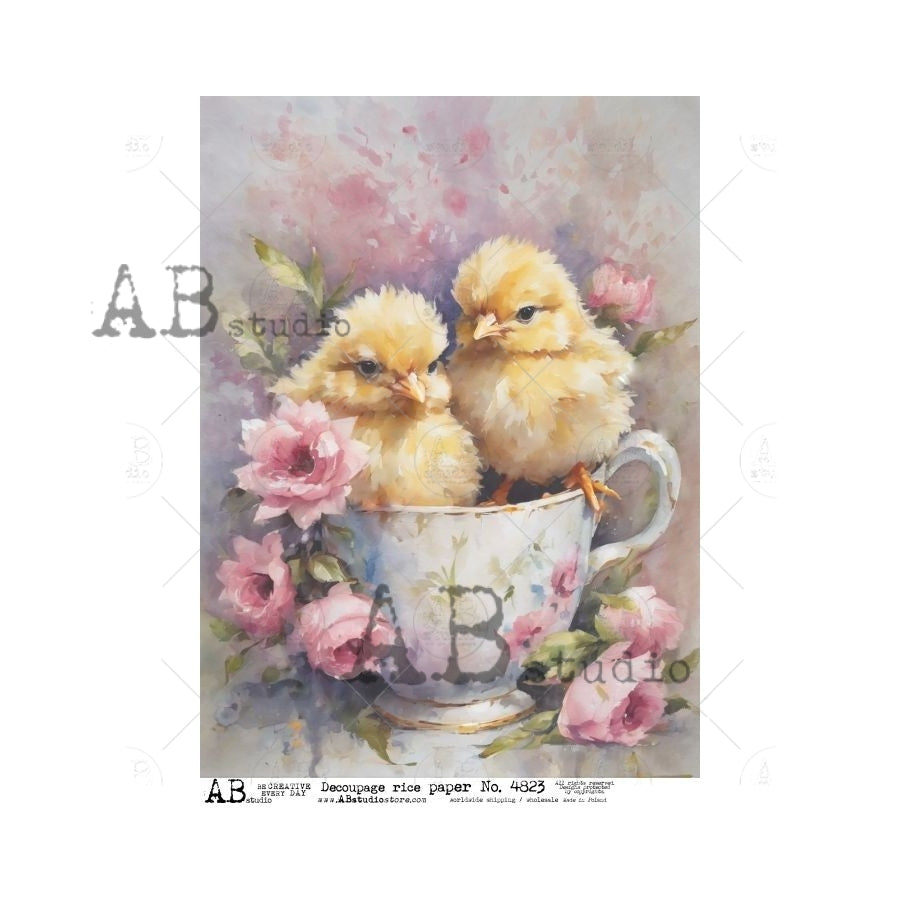 AB Studios EASTER Baby CHICKS in a Teacup A4 Decoupage Rice Paper #4823