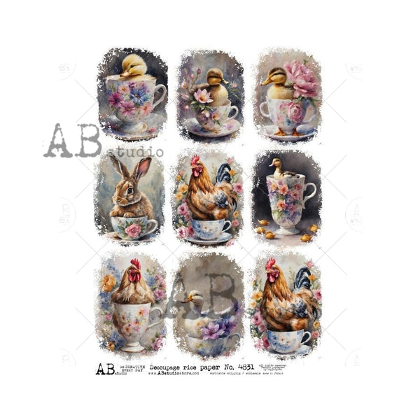 AB Studios NINE EASTER Animals in Teacups A4 Decoupage Rice Paper #4831