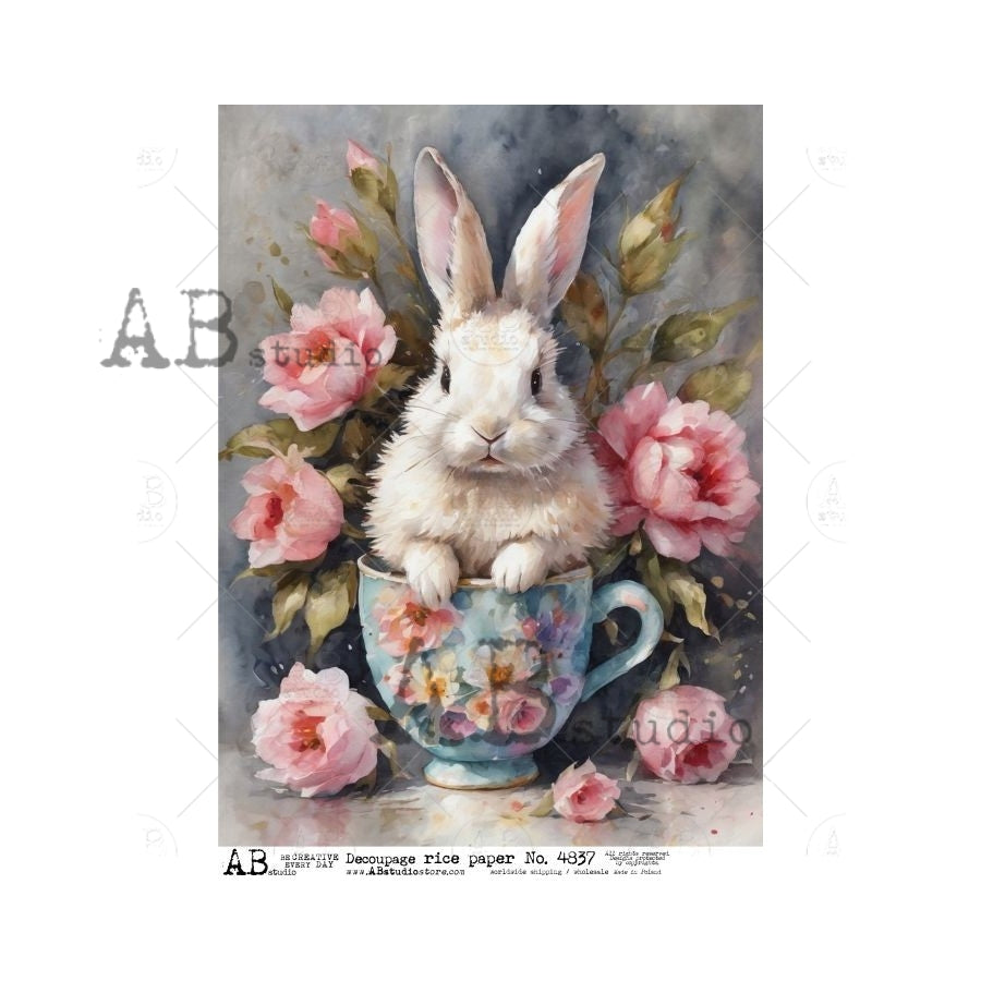 AB Studios EASTER Bunny in a TEACUP A4 Decoupage Rice Paper #4837