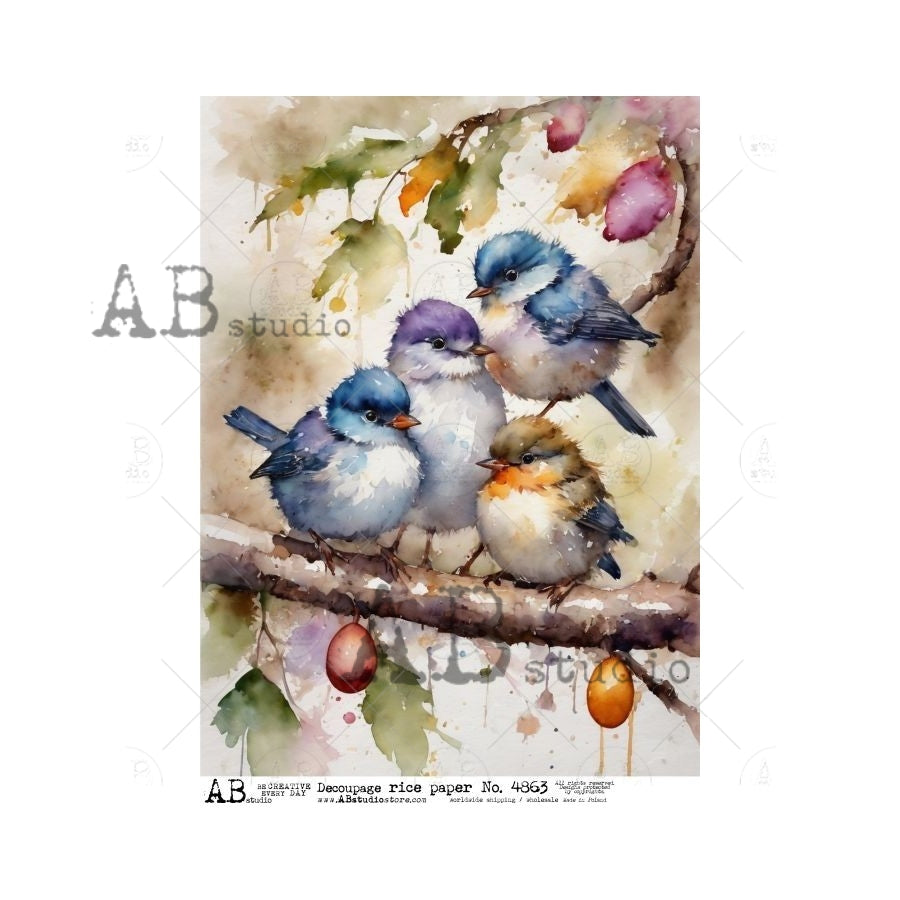 AB Studios WATERCOLOR BIRDS on a Branch A4 Decoupage Rice Paper #4863