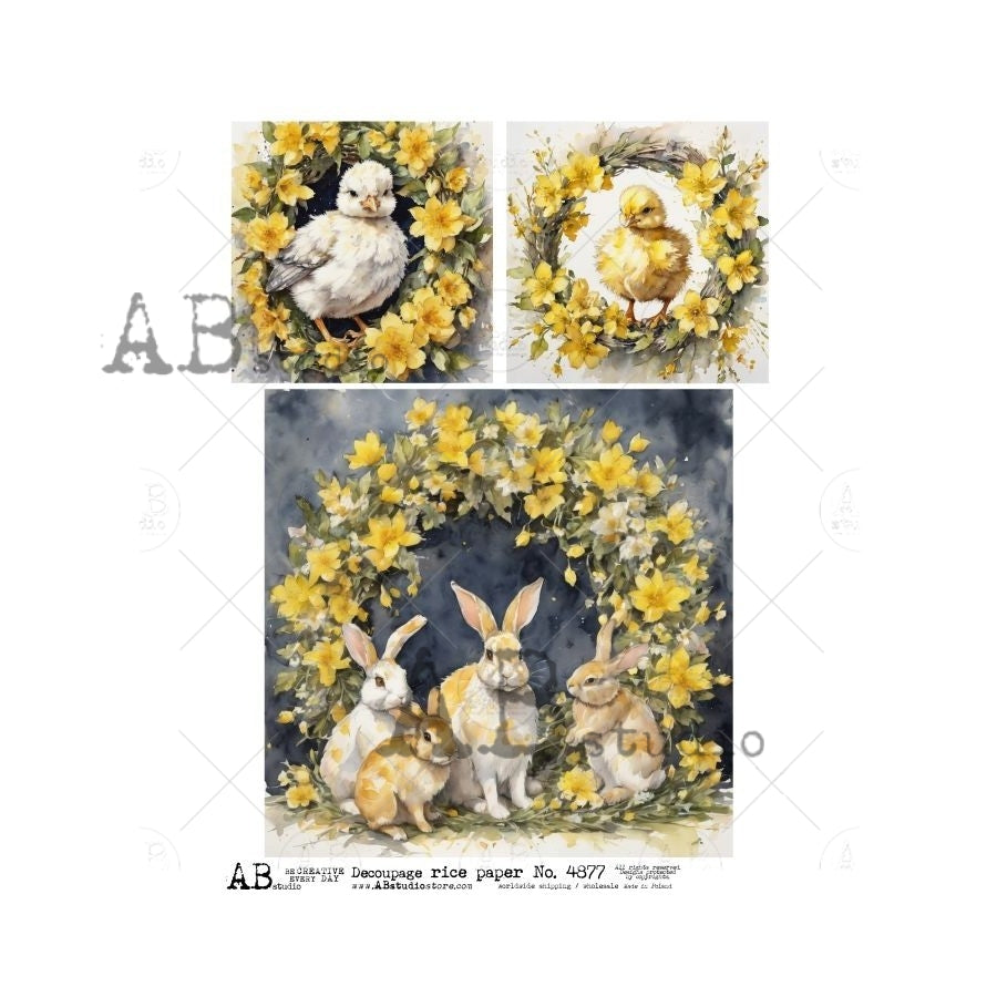 AB Studios WREATH FRAMED Easter Chicks and Bunnies A4 Decoupage Rice Paper #4877