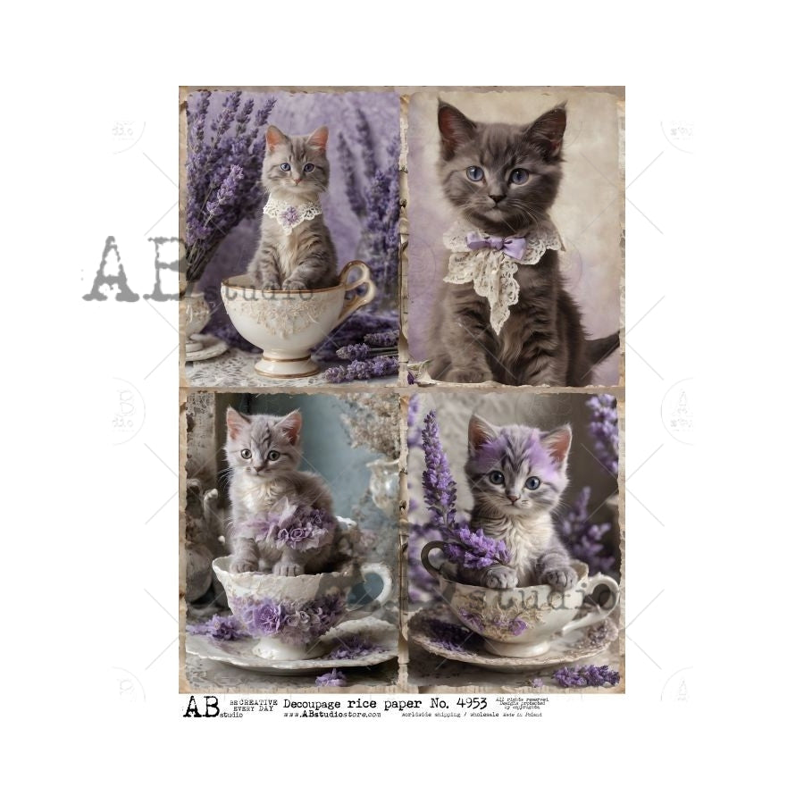 AB Studios Four KITTIES in TEACUPS A4 Decoupage Rice Paper #4953