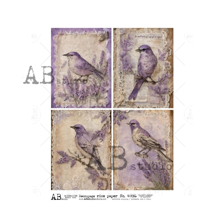 AB Studios Four Pack LAVENDER BIRDS A4 Decoupage Rice Paper #4986