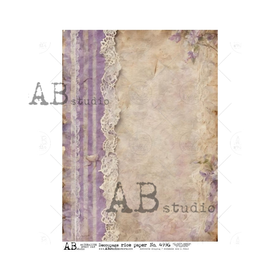 AB Studios LAVENDER STRIPES and Old Paper A4 Decoupage Rice Paper #4996