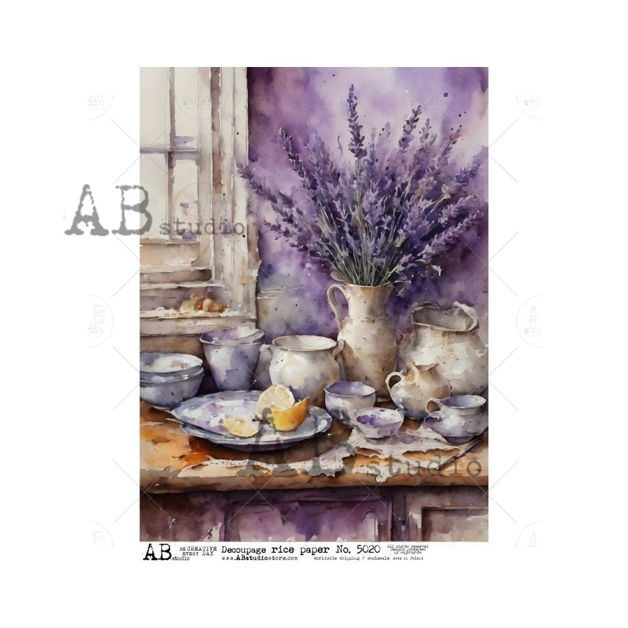 AB Studios WATERCOLOR LAVENDER Table Setting A4 Decoupage Rice Paper #5020
