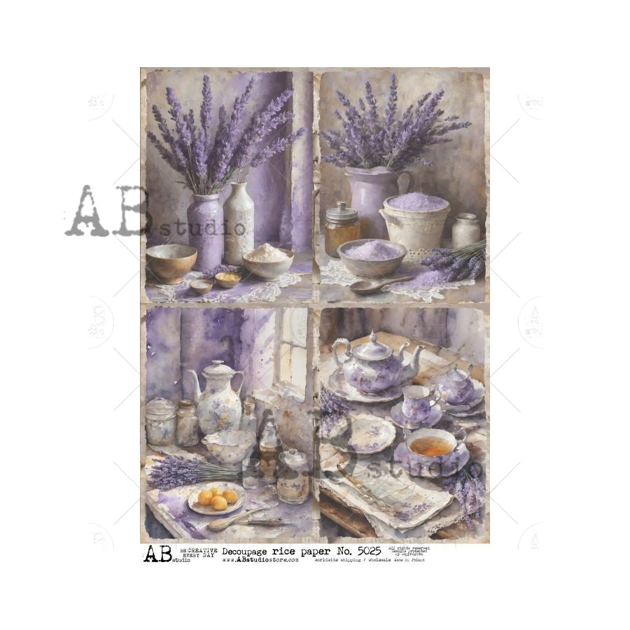 AB Studios Four Pack LAVENDER Still LIFE A4 Decoupage Rice Paper #5025