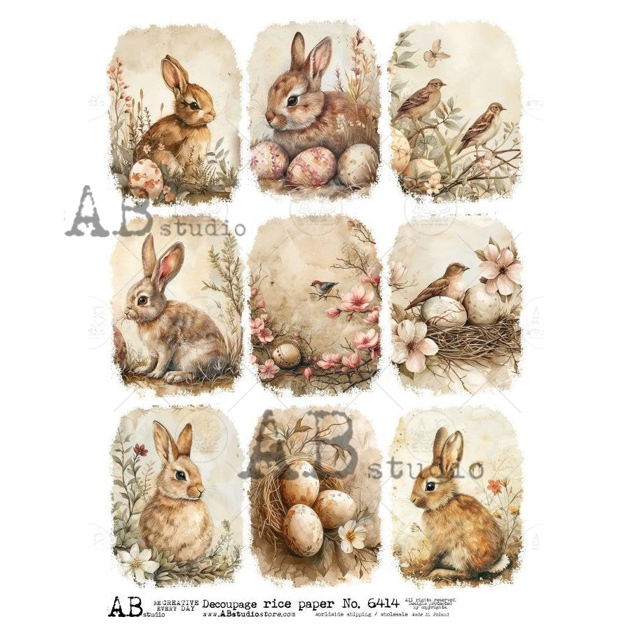 AB Studios WILD BUNNY and BIRDS A4 Decoupage Rice Paper #6414