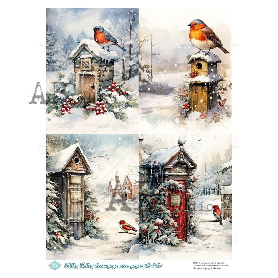 ABStudios Milky Valley Four WINTRY BIRD SCENES A4 Decoupage Rice Paper #MV457