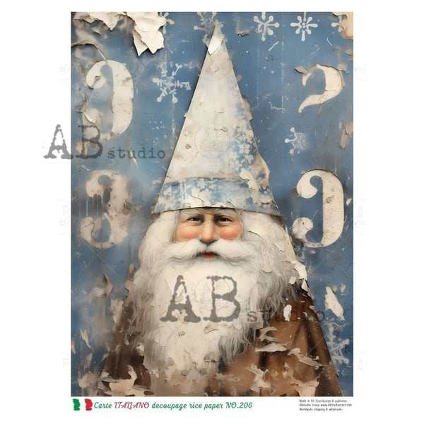 ABStudios Carte Italiano FOLKSY BLUE SANTA A4 Decoupage Rice Paper #CI206