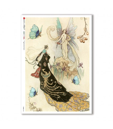 Artistic illustration of a woman in a long, elegant dress with butterflies and a fairy-like figure.