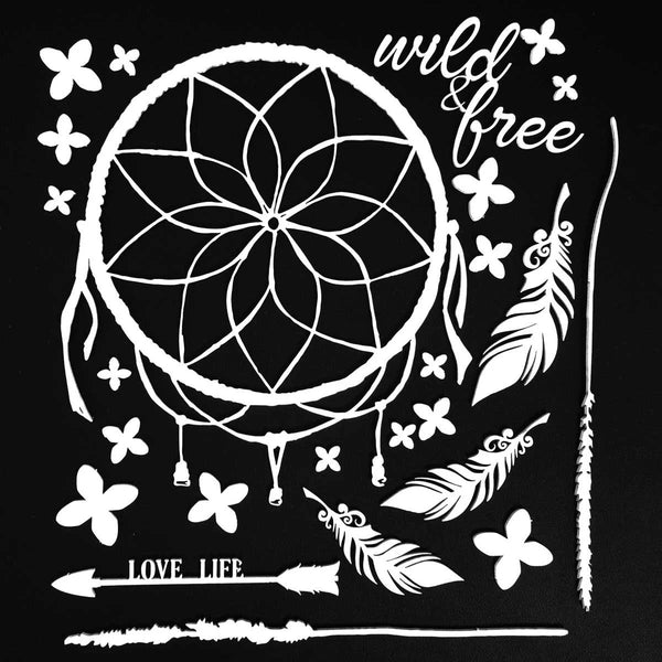 White dreamcatcher, feathers, and flowers on a black background with 'wild free' text.