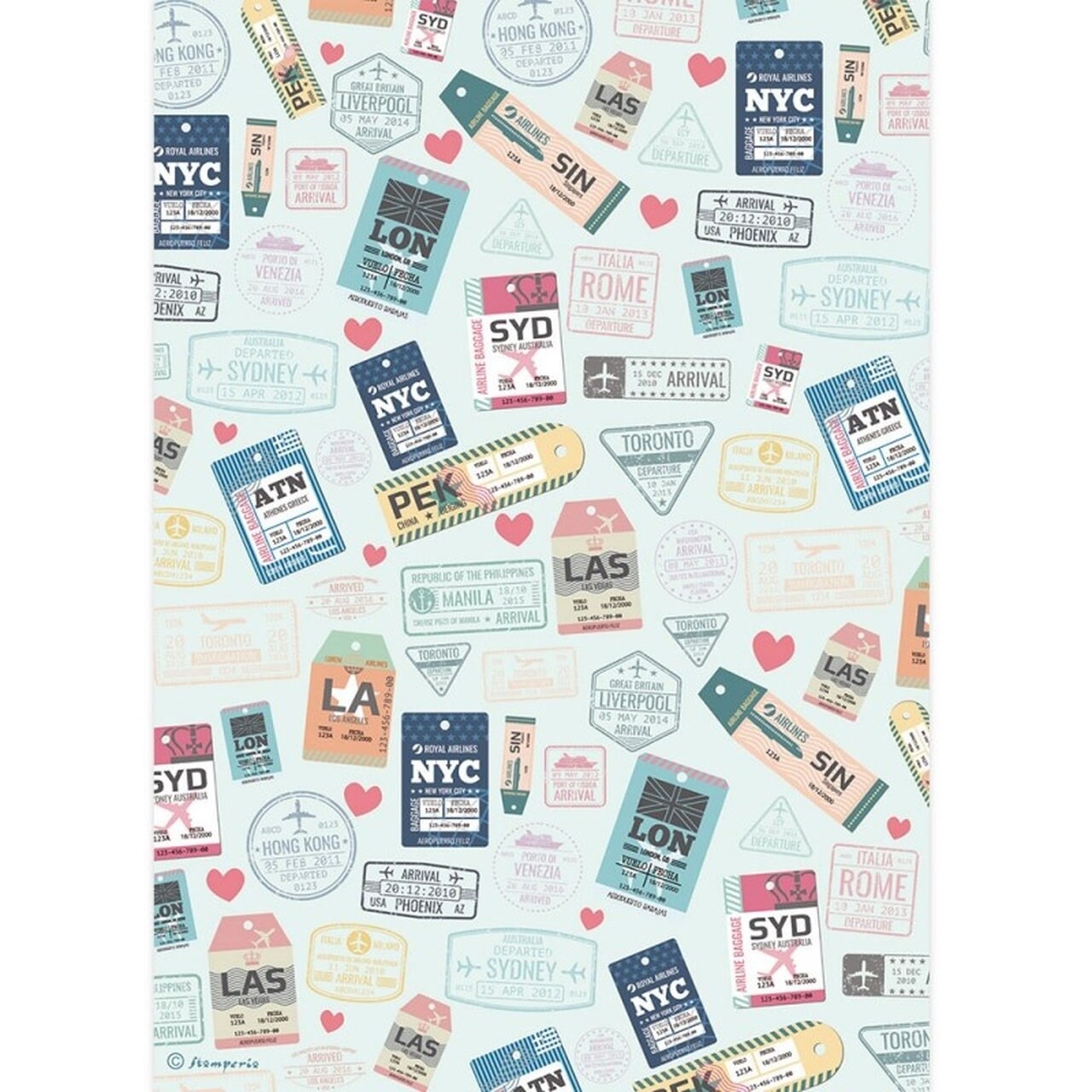 Pattern of travel-themed stickers with various airport codes on a light blue background