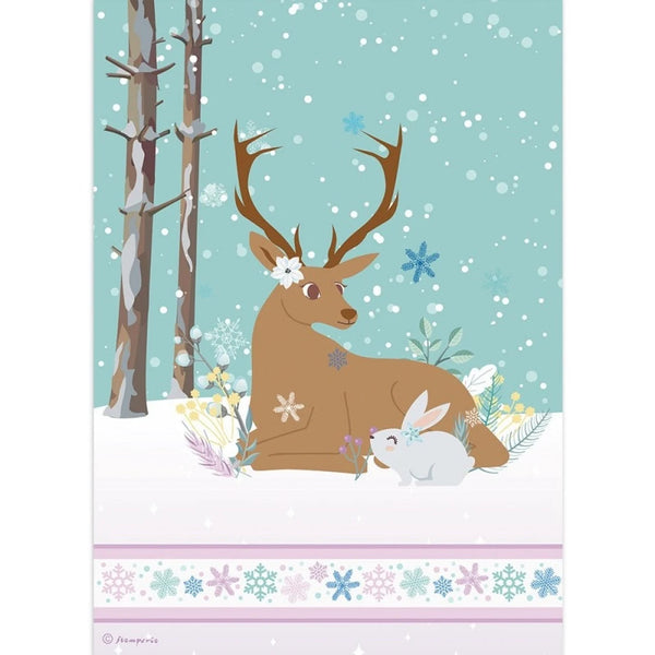 Illustration of a deer and rabbit in a snowy forest with snowflakes and flowers.