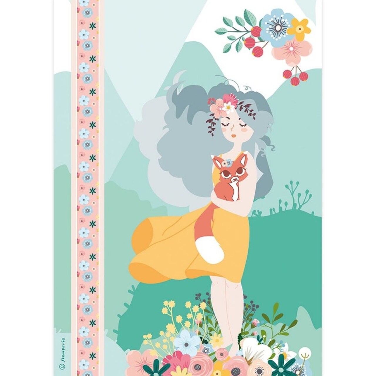 Illustration of a girl with a fox on her shoulder in a nature-themed setting