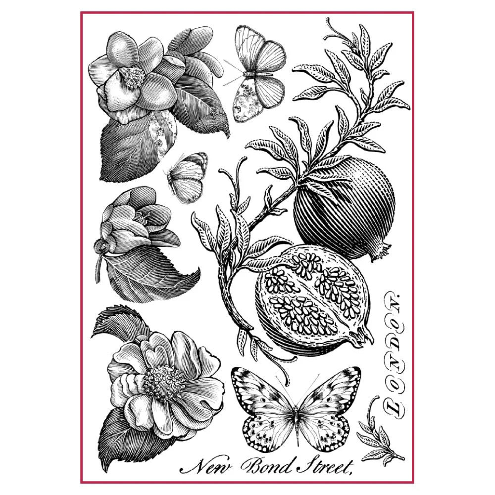 Illustration of flowers, fruits, and butterflies with 'New Bond Street' text on a white background.