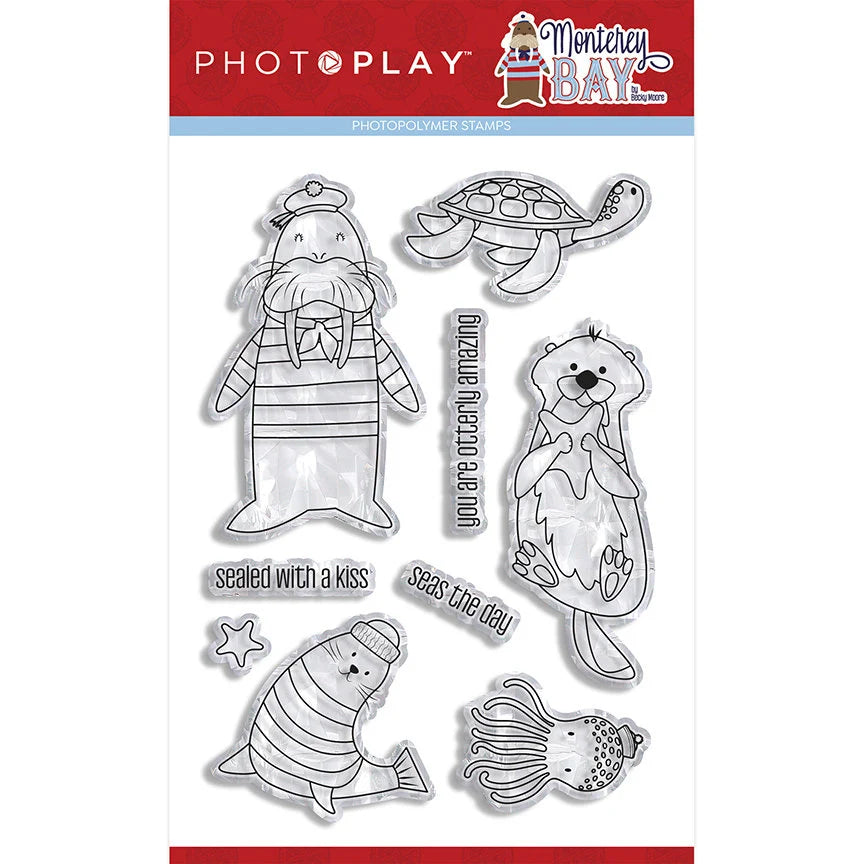Set of clear stamps featuring marine animals and text on a white background with PhotoPlay and Monterey Bay branding.