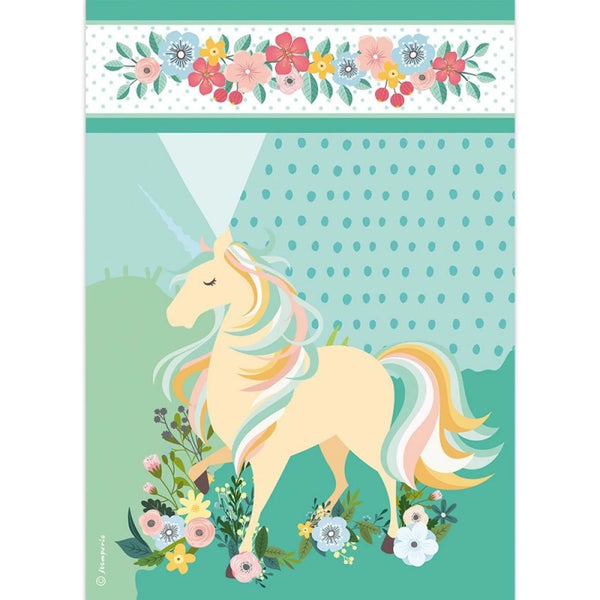 Unicorn with floral decorations on a green background