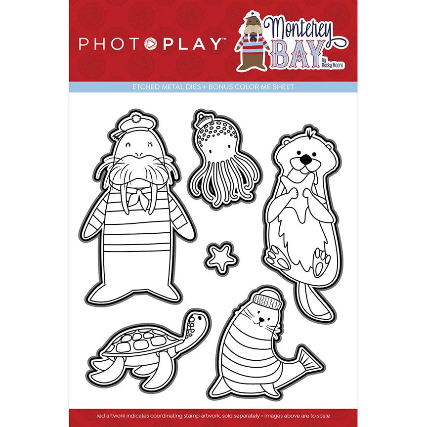Set of etched metal dies with marine animal designs on a white background, featuring the Monterey Bay Aquarium and PhotoPlay logos.