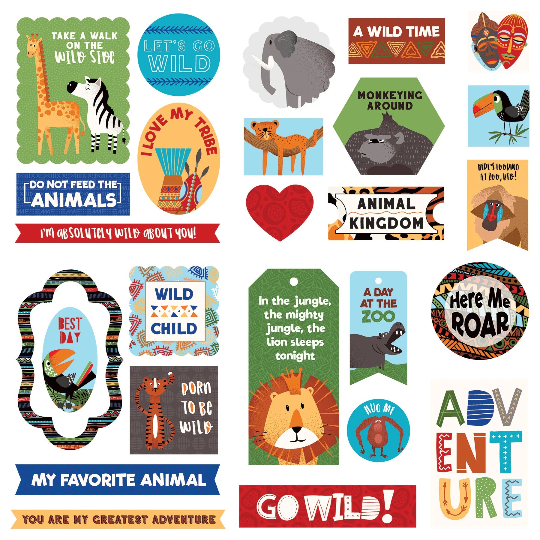 Collection of colorful animal-themed stickers with various sayings and graphics.
