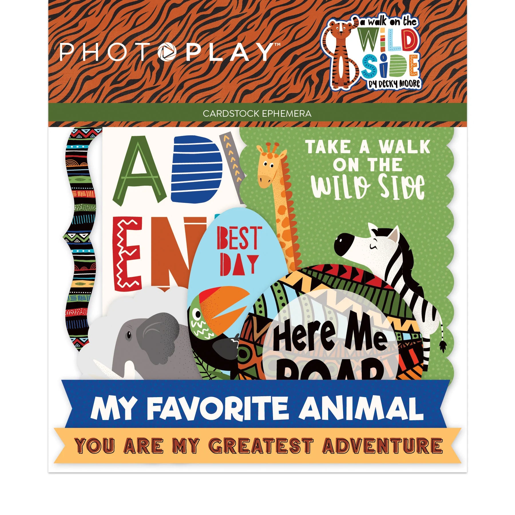 Cardstock ephemera with animal-themed phrases and graphics by PhotoPlay.