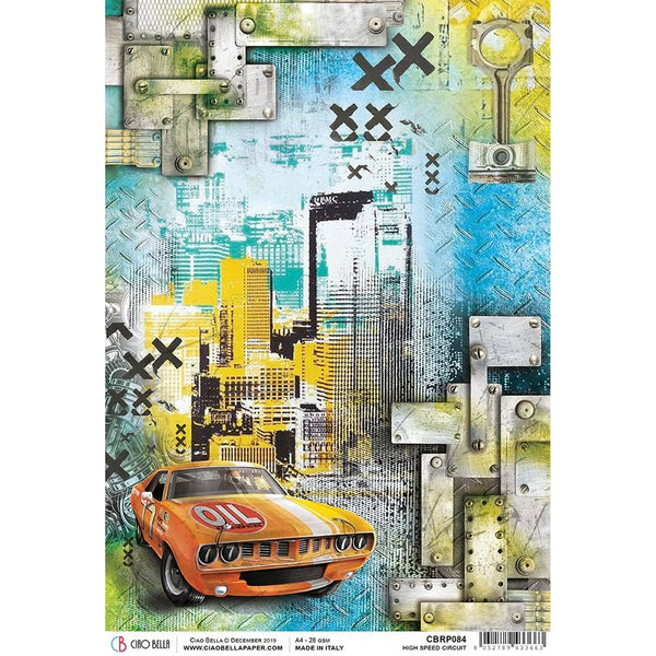 Ciao Bella Start your Engines HIGH SPEED CIRCUIT Rice Paper A4 Mixed Media #CBRP084