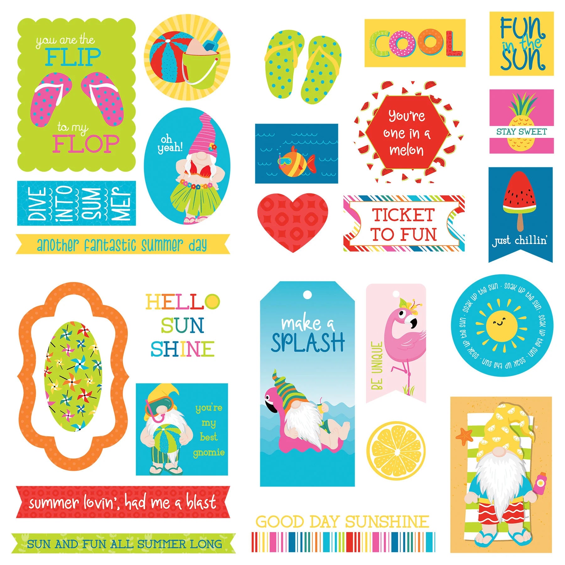 Collection of colorful summer-themed stickers with various designs and text.