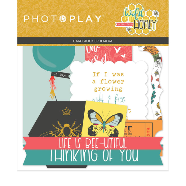 Cardstock ephemera pack with decorative elements and text, featuring the PhotoPlay brand.