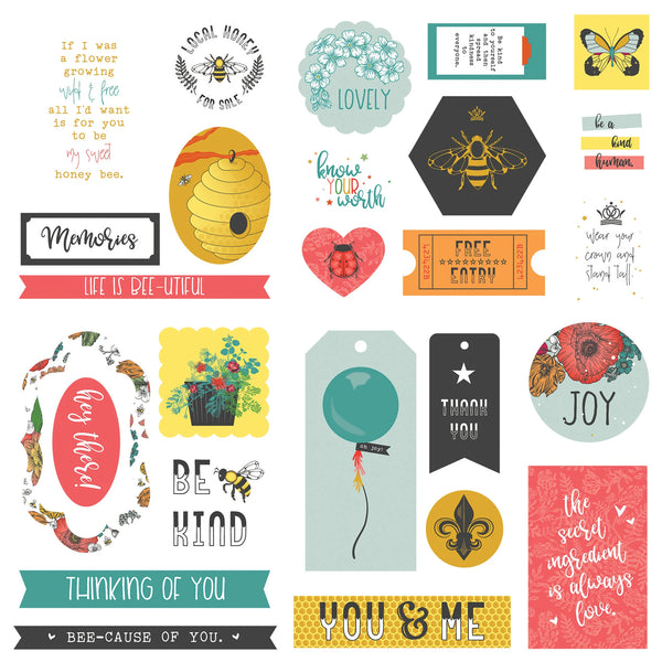 Collection of decorative ephemera with various designs and text on a white background
