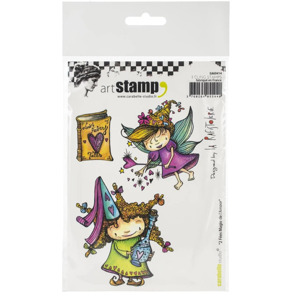 Art stamp packaging with two fairy illustrations on a white background